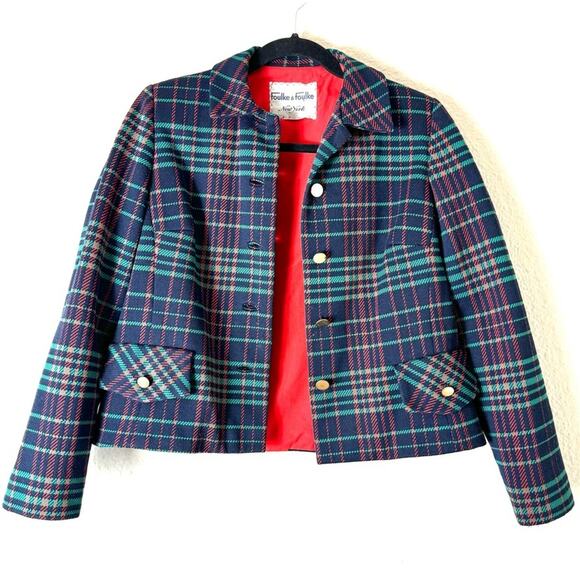 Vintage 50s 60s Navy Red Green Tartan Plaid Blazer Jacket Size Medium - Picture 1 of 5